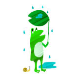 かわいいカエルが傘をさしているイラスト